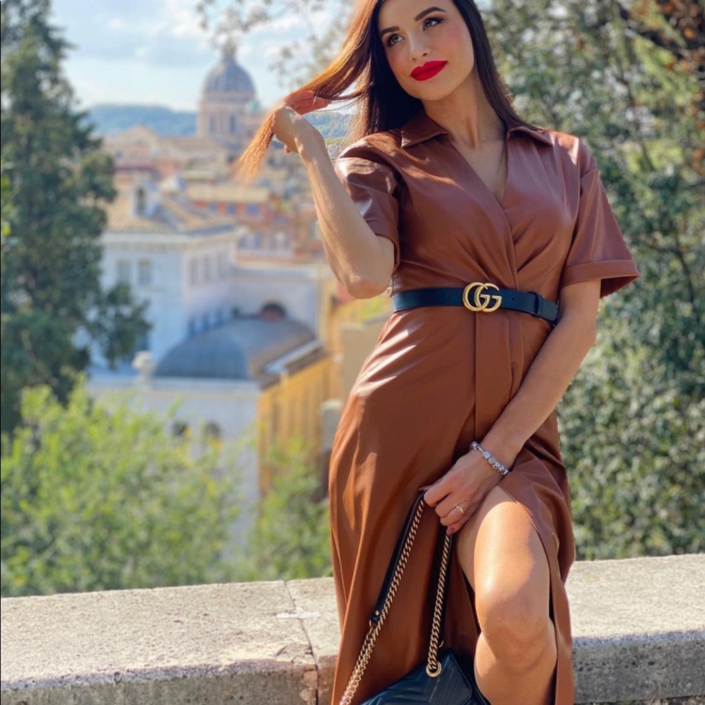 Zara Brown Faux Leather Faux Wrap Shirt Dress - Picture 4 of 16